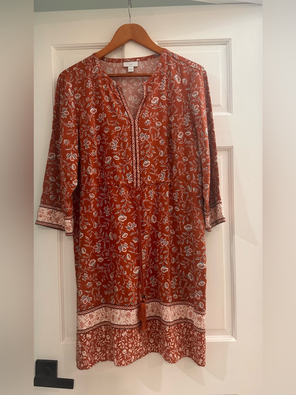 J. Jill Rust Floral Midi Dress with V-Neck Tassel